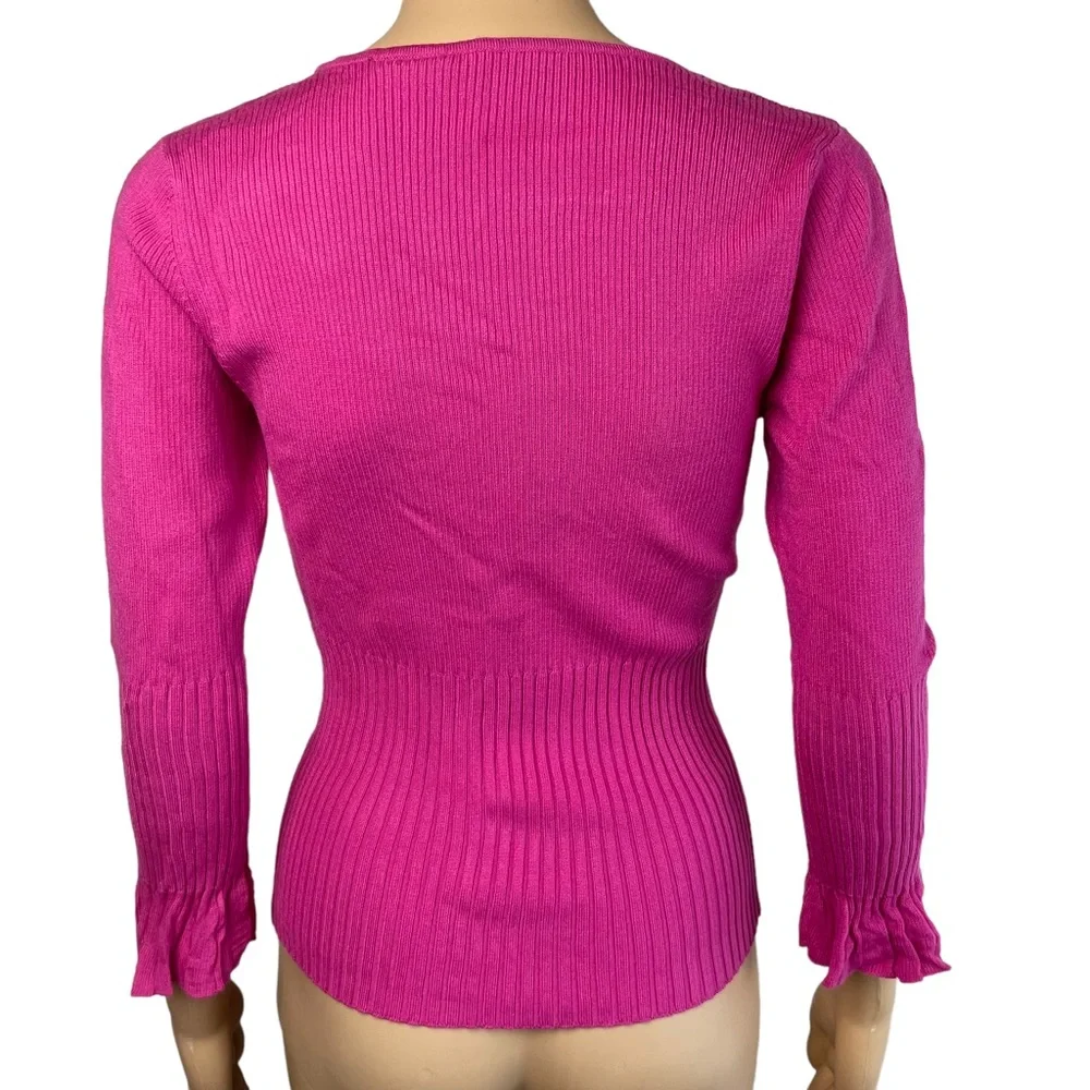 Nicole Miller Womens Ribbed Pullover Sweater Fuschia Pink Ruffled Cuffs. New - Picture 3 of 9